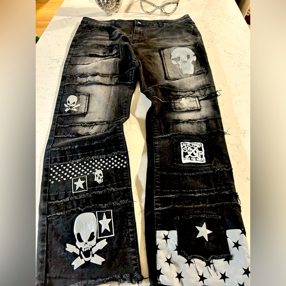 Skull Top Quality Denim Fashion Wear Black Jeans